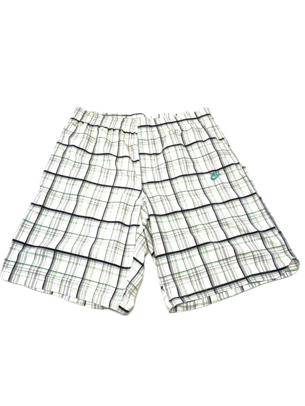 Vintage Nike Plaid Grid Woven Athletic Shorts White Green Black XL